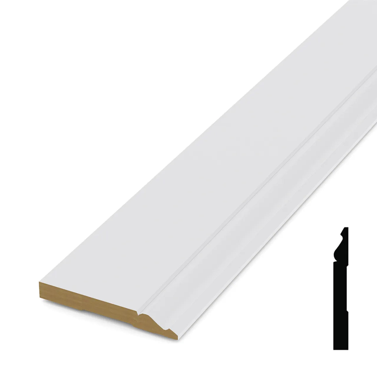 The Go Build 5/8 in. x 5-1/4 in. x 192 in. Primed MDF Baseboard, ready to paint with a grooved profile, beveled edge, and notch detail, is displayed on a white background with a side profile diagram at the bottom right.